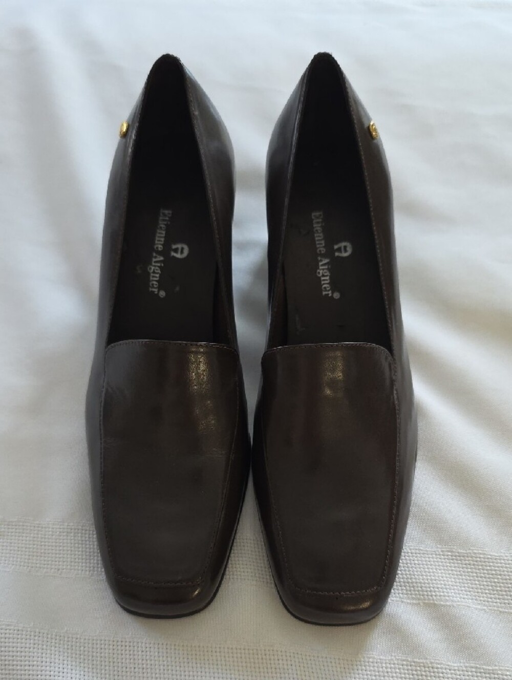 Vintage Etienne Aigner Dark Brown Leather Square Block Heel Pumps NOS 6 Samples